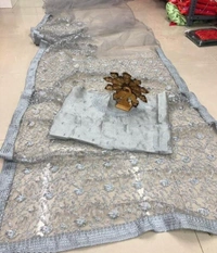 CHARVI DRISHYA Net Grey Color Sarees With Banarsi Silk Running Blouse - Free Size, Grey, Net, Pack of1